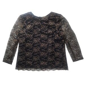 Vintage 80s Boston Maid Black Gold Floral Metallic Lace Blouse Top Plus Size 18